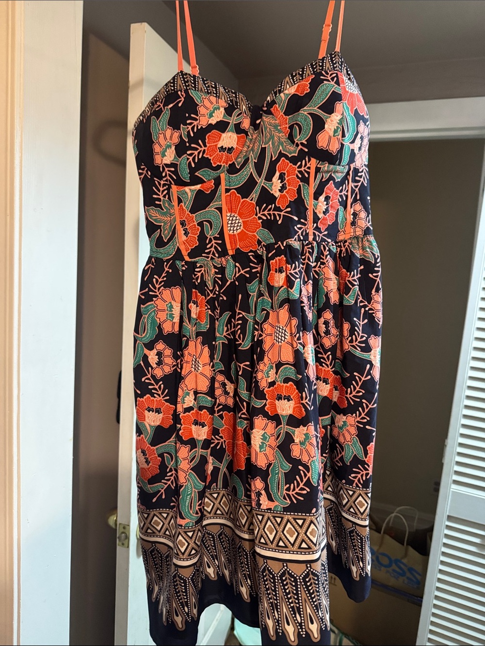 Band of Gypsies Black Mini Dress with Coral and Green Floral Print